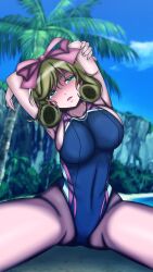 Rule 34 | 1girl, artist request, bare shoulders, blue sky, breasts, competition swimsuit, green eyes, haruka (senran kagura), highleg, highleg swimsuit, highres, large breasts, light brown hair, one-piece swimsuit, palm tree, senran kagura, sky, sleeveless, stretching, swimsuit, tree
