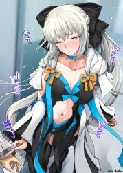 Rule 34 | 1girl, black bow, black dress, black footwear, blue eyes, boots, bow, braid, breasts, center opening, cleavage, collarbone, dress, fate/grand order, fate (series), french braid, grey hair, hair bow, highres, large breasts, long hair, long sleeves, looking at viewer, morgan le fay (fate), navel, pelvic curtain, ponytail, sidelocks, solo focus, thigh boots, thighs, two-tone dress, unadon, very long hair, white dress, wide sleeves