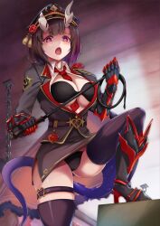 Rule 34 | + +, 1girl, :o, armored boots, between breasts, black bra, black hair, black jacket, black panties, black skirt, black thighhighs, blush, boots, bra, breasts, broken horn, chain, demon girl, demon horns, eriko (commander) (princess connect!), eriko (princess connect!), gauntlets, glowing, glowing eyes, hat, heart belt, high heel boots, high heels, highres, holding, holding whip, horns, jacket, military hat, mononoke (pixiv53597254), necktie, necktie between breasts, panties, princess connect!, purple eyes, red necktie, short hair, single shoulder pad, skirt, solo, spiked tail, symbol-shaped pupils, tail, thigh strap, thighhighs, underwear, whip