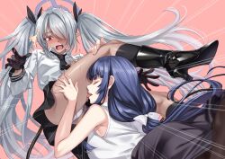 Rule 34 | 2girls, black footwear, black gloves, black skirt, blue archive, blue hair, blush, boots, breasts, closed eyes, collared shirt, dark-skinned female, dark blue hair, dark skin, demon tail, dress shirt, gloves, grey hair, hair over one eye, hair ribbon, halo, high heel boots, high heels, highres, iori (blue archive), knee boots, kneehighs, licking, licking thigh, long hair, long sleeves, matsuryuu, multiple girls, necktie, open mouth, pointy ears, red eyes, ribbon, shirt, skirt, small breasts, socks, tail, tongue, tongue out, twintails, very long hair, white shirt, yuri