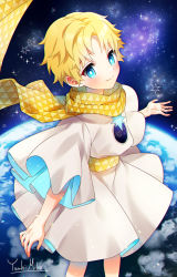 Rule 34 | 1boy, baggy clothes, blonde hair, blue eyes, blush, bright pupils, child, fate/grand order, fate/requiem, fate (series), male focus, parted bangs, planet, scarf, sky, smile, solo, space, star (sky), starry sky, voyager (fate), voyager (first ascension) (fate), yellow scarf, yuuhi mika