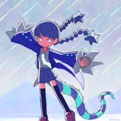 Rule 34 | 1girl, aiobahn, black thighhighs, braid, closed mouth, coat, collared shirt, expressionless, full body, grey background, grey shirt, long hair, long sleeves, looking at viewer, meteor shower, necktie, outstretched arms, pleated skirt, purple coat, shirt, shoes, shooting star, skirt, sleeves past fingers, sleeves past wrists, solo, spread arms, standing, striped tail, tail, thighhighs, twin braids, uekusa wataru, white necktie