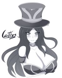 Rule 34 | 1girl, bare shoulders, breasts, caitlyn (league of legends), character name, cleavage, collar, gloves, greyscale, hat, highres, huge breasts, jcdr, league of legends, long hair, monochrome, simple background, smile, solo, white background