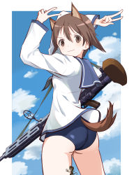 Rule 34 | 1girl, absurdres, animal ears, ass, bkf3110, blue sky, blue one-piece swimsuit, brown hair, cloud, dog ears, dog girl, dog tail, from behind, gun, highres, looking at viewer, looking back, miyafuji yoshika, old school swimsuit, one-piece swimsuit, school swimsuit, school uniform, short hair, silhouette demon, sky, solo, standing, strike witches, swimsuit, swimsuit under clothes, tail, weapon, world witches series