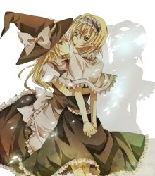Rule 34 | 2girls, alice margatroid, arms behind back, bad id, bad pixiv id, blonde hair, capelet, dress, female focus, frills, hairband, hat, kirisame marisa, multiple girls, touhou, tsukioka tsukiho, witch, witch hat, wizard hat