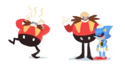 Rule 34 | angry, black pants, brown mustache, dr. eggman, gigi d.g., glasses, jumpsuit, male focus, metal sonic, multiple views, pants, red jumpsuit, simple background, sonic (series), source request, white background