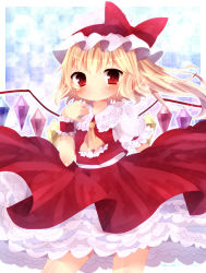 Rule 34 | 1girl, :&lt;, abandon ranka, arm up, ascot, bad id, bad pixiv id, blonde hair, blue background, blush, checkered background, clothes lift, female focus, flandre scarlet, frills, hand on own chest, hat, hat ribbon, looking at viewer, petticoat, puffy sleeves, red eyes, ribbon, short hair, side ponytail, skirt, skirt lift, solo, touhou, vest, wings, wrist cuffs