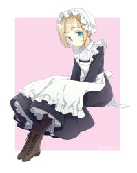 Rule 34 | 1girl, apron, blonde hair, blue eyes, boots, cross-laced footwear, dress, goshi-san, hat, lace-up boots, long dress, maid, maid apron, mob cap, original, short hair, sitting, solo