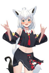 1girl :d ahoge animal_ear_fluff animal_ears aqua_eyes bare_shoulders bell black_shirt black_skirt black_sleeves blush braid choker commentary_request cosplay cowboy_shot cropped_shirt cross-laced_slit detached_sleeves double_fox_shadow_puppet earrings embarrassed fox_ears fox_girl fox_shadow_puppet fox_tail highres hololive jewelry jingle_bell kouhaku_nawa long_hair long_sleeves looking_at_viewer low_ponytail midriff miniskirt navel neckerchief ookami_mio ookami_mio_(1st_costume) ookami_mio_(cosplay) open_mouth red_choker red_neckerchief rope sailor_collar shimenawa shirai_yu shirakami_fubuki shirt side_braid side_slit sidelocks simple_background single_earring skirt sleeveless sleeveless_shirt smile solo tail very_long_hair virtual_youtuber white_background white_sailor_collar wide_sleeves