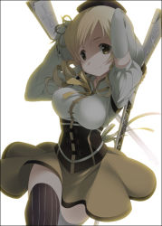 Rule 34 | 10s, 1girl, arms up, backlighting, beret, blonde hair, corset, detached sleeves, drill hair, dual wielding, fingerless gloves, gloves, gun, hat, holding, magical girl, magical musket, mahou shoujo madoka magica, mahou shoujo madoka magica (anime), mizuki makoto, rifle, simple background, smile, solo, thighhighs, tomoe mami, weapon, white background, yellow eyes, zettai ryouiki