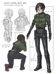 Rule 34 | 1girl, absurdres, arms at sides, ass, belt, black bodysuit, bodysuit, boots, brown hair, character sheet, commentary, cropped jacket, english commentary, english text, fingerless gloves, flat color, from behind, from side, full body, glasses, gloves, green jacket, highres, jacket, multiple views, original, pilot suit, science fiction, short hair, standing, very short hair, white background, yellow eyes, zen (jirakun)