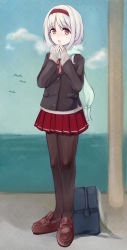 Rule 34 | 10s, 1girl, alternate costume, bad id, bad pixiv id, bag, black pantyhose, blazer, blue sky, blush, breath, brown eyes, cold, day, full body, headband, highres, jacket, kantai collection, kurase37, loafers, long hair, looking at viewer, open mouth, pantyhose, pleated skirt, red skirt, scarf, school bag, school uniform, shoes, shoukaku (kancolle), skirt, sky, solo, standing, white hair