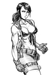 Rule 34 | 1girl, artist name, bikini, breasts, cowboy shot, front-tie bikini top, front-tie top, gloves, greyscale, kinuko (kinucakes), large breasts, looking at viewer, metal gear (series), metal gear solid, metal gear solid v: the phantom pain, monochrome, navel, parted lips, ponytail, quiet (metal gear), simple background, sketch, solo, suspenders, swept bangs, swimsuit, toned, white background