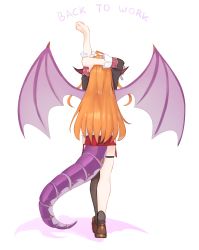 Rule 34 | 1girl, bow, brown footwear, commentary, diagonal-striped bow, dragon horns, dragon tail, dragon wings, english commentary, facing away, from behind, full body, grey thighhighs, hand up, hands up, highres, hip vent, hololive, horns, kiryu coco, kiryu coco (1st costume), loafers, long hair, miniskirt, orange hair, red skirt, shadow, shoes, simple background, single thighhigh, skirt, solo, spread wings, standing, stretching, tail, thigh strap, thighhighs, virtual youtuber, walking, white background, wings, yoako