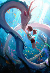 Rule 34 | 1boy, 1girl, air bubble, brown hair, bubble, commentary, coral, dragon, eastern dragon, english commentary, fish, haku (sen to chihiro no kamikakushi), highres, long hair, looking at another, ogino chihiro, plant, ponytail, ross tran, sen to chihiro no kamikakushi, shirt, shorts, sunlight, swimming, underwater, whiskers