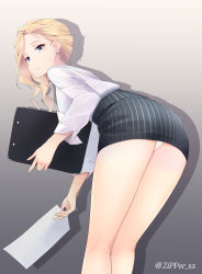Rule 34 | 1girl, absurdres, alternate costume, azur lane, bad id, bad pixiv id, bare legs, bent over, blonde hair, blue eyes, clipboard, collared shirt, cowboy shot, earrings, gradient background, grey background, highres, hood (azur lane), jewelry, looking at viewer, looking back, medium hair, miniskirt, office lady, panties, pantyshot, paper, pencil skirt, picking up, piercing, shadow, shirt, shirt tucked in, skirt, solo, standing, striped clothes, striped skirt, twitter username, underwear, white panties, zipper xx