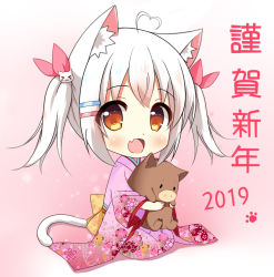 Rule 34 | &gt; &lt;, 1girl, 2019, :d, ahoge, animal, animal ears, animal hug, blush, brown eyes, cat ears, cat girl, cat hair ornament, cat tail, chibi, chinese zodiac, commentary request, fang, floral print, full body, hair between eyes, hair ornament, hair ribbon, hairclip, happy new year, heart, heart ahoge, japanese clothes, kimono, long sleeves, looking at viewer, new year, open mouth, original, pig, pink kimono, pink ribbon, print kimono, ribbon, seiza, sidelocks, silver hair, sitting, smile, solo, tail, twintails, wide sleeves, xiaosamiao, year of the pig