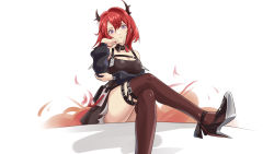Rule 34 | 1girl, arknights, bad id, bad pixiv id, bare shoulders, black dress, black footwear, black thighhighs, breasts, chest strap, chinese commentary, cleavage, commentary request, crossed legs, da akana xiv, detached collar, dress, foot out of frame, hand on own elbow, head rest, high heels, highres, horns, large breasts, long hair, looking at viewer, off shoulder, purple eyes, red hair, short dress, simple background, sitting, solo, surtr (arknights), thighhighs, very long hair, white background