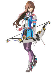 Rule 34 | 1girl, archery, armor, belt, bow (weapon), brown eyes, brown hair, enami katsumi, full body, gloves, high heels, highres, long hair, official art, ponytail, ribbon, saionji reimi, shoes, simple background, skirt, solo, standing, star ocean, star ocean the last hope, thighhighs, upright, weapon, white background