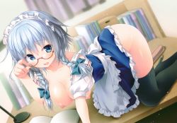 Rule 34 | 1girl, all fours, apron, bare shoulders, bespectacled, black thighhighs, blue dress, blue eyes, blush, book, bow, braid, breasts, collarbone, desk, dress, frilled apron, frilled skirt, frills, glasses, green bow, hair between eyes, hair bow, highres, indoors, izayoi sakuya, konomi (kino konomi), large breasts, looking at viewer, maid, maid apron, maid headdress, medium hair, non-web source, on desk, open mouth, puffy short sleeves, puffy sleeves, red-framed eyewear, scan, semi-rimless eyewear, short hair, short sleeves, sidelocks, silver hair, skindentation, skirt, smile, solo, thighhighs, touhou, twin braids, under-rim eyewear, waist apron