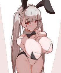 Rule 34 | 1girl, absurdres, animal ears, arm under breasts, azur lane, black bow, black bowtie, bow, bowtie, breasts, detached collar, fake animal ears, fake tail, formidable (azur lane), from above, grey hair, hand on own chest, highres, korean commentary, large breasts, leotard, long hair, looking at viewer, meme attire, playboy bunny, rabbit ears, rabbit tail, red eyes, see-through, see-through leotard, simple background, solo, soranotsuno, strapless, strapless leotard, tail, traditional bowtie, translucent bunnysuit, twintails, very long hair, white background