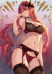 Rule 34 | 1girl, absurdres, bare arms, bare shoulders, bra, breasts, brown eyes, choker, cleavage, earrings, baobhan sith (fate), fangs, fate/grand order, fate (series), fingernails, garter belt, garter straps, gradient background, hair ornament, hand up, highres, jewelry, lingerie, long hair, looking at viewer, mashuu (neko no oyashiro), medium breasts, nail polish, navel, panties, parted lips, pink hair, pointy ears, scan, simple background, solo, stomach, thighhighs, thighs, underwear