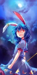 Rule 34 | 1girl, animal ears, blue dress, blue hair, rabbit ears, rabbit tail, cloud, cloudy sky, cowboy shot, crying, dress, kutsuki kai, looking at viewer, open mouth, puffy short sleeves, puffy sleeves, red eyes, seiran (touhou), short sleeves, sky, solo, tail, touhou, wavy mouth