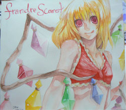 Rule 34 | 1girl, :q, bad id, bad pixiv id, bare shoulders, bikini, blonde hair, crystal, face, female focus, flandre scarlet, john marica, aged up, photo (medium), ranguage, red bikini, red eyes, short hair, signature, smile, solo, swimsuit, embodiment of scarlet devil, tongue, tongue out, touhou, traditional media, typo, watercolor pencil (medium), wings