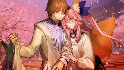 Rule 34 | 1boy, 1girl, animal ear fluff, animal ears, apron, arm hug, bag, blue bow, blue ribbon, blush, bow, breasts, brown hair, cherry blossoms, cleavage, closed eyes, closed mouth, couple, fate/extella, fate/extra, fate (series), fox ears, fox girl, fox tail, game cg, good end, grocery bag, hair bow, hair ribbon, happy, hetero, highres, holding, husband and wife, kappougi, kishinami hakuno (male), long sleeves, looking at another, lovestruck, non-web source, official alternate costume, official art, photoshop (medium), pink hair, ribbon, shopping bag, smile, split ponytail, tail, tamamo (fate), tamamo no mae (fate/extra), wada arco, yellow eyes