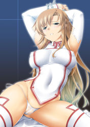 Rule 34 | 1girl, arms up, asuna (sao), blush, bound, bound wrists, breasts, brown eyes, brown hair, chain, covered erect nipples, covered navel, detached sleeves, gluteal fold, jon shicchiou, large breasts, long hair, no pants, panties, parted lips, pussy, see-through, shirt, side-tie panties, sitting, skindentation, sleeveless, sleeveless shirt, solo, sweatdrop, sword art online, thighhighs, underwear, very long hair, white panties