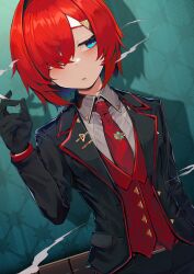 Rule 34 | 1girl, absurdres, ange katrina, black gloves, black jacket, black suit, blue eyes, cigarette, commentary, formal, gloves, hair between eyes, hair intakes, hair over one eye, hatyuuruinohito, highres, holding, holding cigarette, jacket, lapel pin, looking to the side, necktie, nijisanji, red hair, red necktie, smoke, solo, suit, tie clip, triangle hair ornament, virtual youtuber, waistcoat