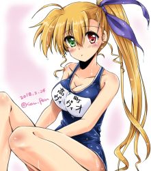 Rule 34 | 1girl, aged up, blonde hair, blue one-piece swimsuit, blue ribbon, breasts, character name, cleavage, dated, green eyes, hair ribbon, heterochromia, long hair, looking at viewer, lyrical nanoha, mahou shoujo lyrical nanoha vivid, medium breasts, name tag, one-piece swimsuit, parted lips, red eyes, ribbon, san-pon, school swimsuit, side ponytail, sitting, solo, swimsuit, twitter username, very long hair, vivio, wet, wet clothes, wet hair, wet swimsuit