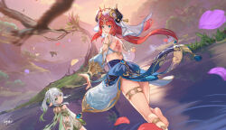Rule 34 | 2girls, absurdres, aqua eyes, aqua nails, arms behind back, back tattoo, barefoot, bird, blue veil, bracer, breasts, brooch, cape, crop top, detached sleeves, dress, fake horns, genshin impact, god hunter, gold trim, gradient hair, green cape, green eyes, hair ornament, harem outfit, highres, horns, jewelry, lake, long hair, long sleeves, looking at viewer, medium breasts, mountainous horizon, multicolored hair, multiple girls, nahida (genshin impact), nail polish, nilou (genshin impact), parted bangs, pointy ears, puffy long sleeves, puffy sleeves, red hair, scenery, side ponytail, sidelocks, sleeveless, smile, tattoo, thighlet, tree, white dress, white hair, white headdress, white veil