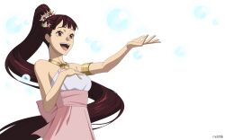 Rule 34 | 1girl, armlet, armpits, bare shoulders, black clover, black clover m: rise of the wizard king, brown eyes, brown hair, bubble, gold armlet, high ponytail, kahono, long hair, official alternate costume, official art, open mouth, pink skirt, ponytail, shell hair ornament, shirt, simple background, skirt, sleeveless, sleeveless shirt, solo, teeth, upper teeth only, very long hair, white background, white shirt