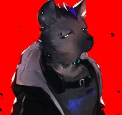 Rule 34 | 1boy, arknights, belt, black jacket, closed mouth, eyebrow piercing, full body, furry, furry male, grey shirt, highres, hyena boy, jacket, looking at viewer, male focus, p7ywirzyw8lesuc, piercing, red background, shirt, spot (arknights), upper body, white eyes