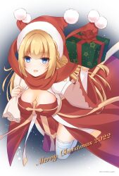 Rule 34 | 1girl, 2022, arch bishop (ragnarok online), blonde hair, blue eyes, blush, braid, breasts, christmas, cleavage, cleavage cutout, clothing cutout, commentary request, cross, dress, french braid, full body, gift, hat, highres, holding, holding sack, juliet sleeves, large breasts, long hair, long sleeves, looking at viewer, merry christmas, open mouth, pelvic curtain, puffy sleeves, ragnarok online, red dress, red hat, sack, santa hat, smile, solo, thighhighs, tomo-graphy, two-tone dress, white dress, white thighhighs, wide sleeves