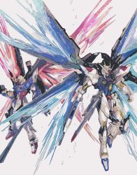 Rule 34 | beam rifle, clenched hand, commentary, destiny gundam, energy gun, energy weapon, energy wings, gun, gundam, gundam seed, gundam seed destiny, highres, holding, holding gun, holding weapon, kare (0621utak), mecha, mechanical wings, mobile suit, no humans, robot, science fiction, simple background, strike freedom gundam, v-fin, weapon, white background, wings