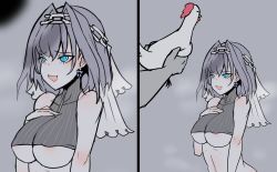 Rule 34 | 1girl, 2koma, bird, blue eyes, blush, breasts, chicken, comic, hand on own chest, highres, hololive, hololive english, large breasts, moral cacoethes, ouro kronii, penis awe, pun, spot color, underboob, veil, virtual youtuber