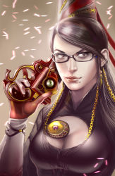Rule 34 | 1girl, bayonetta, bayonetta (series), bayonetta 1, black hair, bodysuit, breasts, cleavage, cleavage cutout, clothing cutout, earrings, glasses, gloves, hair ribbon, jewelry, kelso-san, large breasts, lips, long hair, mole, mole under mouth, ribbon, solo, upper body, weapon