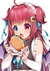 Rule 34 | 1girl, :o, ahoge, bare shoulders, black dress, blue bow, blue eyes, blush, bow, burger, character name, commentary request, crescent, crescent hair ornament, demon girl, demon wings, detached sleeves, dress, fang, fingernails, food, hair bow, hair ornament, heterochromia, highres, holding, holding food, long hair, long sleeves, looking away, looking down, maid headdress, motohara moka, nijisanji, open mouth, purple wings, red eyes, red hair, simple background, sleeveless, sleeveless dress, solo, two side up, upper body, virtual youtuber, white background, white sleeves, wings, yuzuki roa