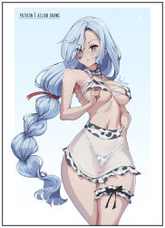 Rule 34 | 1girl, absurdres, aelion draws, animal print, artist name, ass, bare arms, bare shoulders, blue eyes, blue hair, border, bow, bowtie, braid, breasts, collarbone, commentary request, cow print, cowboy shot, eyelashes, eyes visible through hair, forehead, frills, genshin impact, hand on own hip, highres, long hair, low-braided long hair, low-tied long hair, medium breasts, midriff, navel, parted bangs, parted lips, patreon username, revealing clothes, see-through, see-through skirt, shadow, shenhe (genshin impact), skirt, solo, sparkle, sparkling eyes, thigh gap, thigh strap, thighs, v-shaped eyebrows, very long hair, white border, wide hips