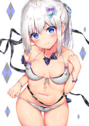 Rule 34 | 1girl, 3:, absurdres, arm garter, bachibachi (tisen), bare shoulders, belt, black bow, black bowtie, black ribbon, blue bow, blue eyes, blue ribbon, blush, bow, bowtie, bra, breasts, closed mouth, collarbone, cowboy shot, front-tie top, gluteal fold, grey bra, grey panties, hair bow, hair ribbon, halterneck, hand up, head tilt, highres, long hair, looking at viewer, medium breasts, navel, original, panties, ponytail, purple bow, ribbon, sidelocks, solo, stomach, striped bow, striped bowtie, striped clothes, striped neckwear, striped ribbon, thigh gap, underwear, underwear only, white background, white hair