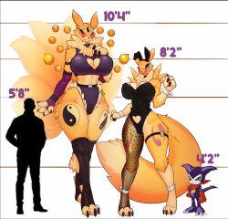 Rule 34 | digimon, digimon (creature), fluffy, fox girl, fox tail, furry, furry female, highres, impmon, kyubimon, renamon, size chart, size comparison, size difference, tail