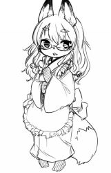 Rule 34 | 1girl, animal ears, bad id, bad pixiv id, copyright request, fox ears, fox tail, furry, furry female, glasses, greyscale, kishibe, long hair, looking at viewer, monochrome, simple background, smile, solo, tail