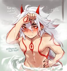 Rule 34 | 1boy, arataki itto, commentary, english commentary, english text, exchigen 10, fang, genshin impact, highres, horns, light smile, long hair, male focus, multicolored hair, nipples, nude, oni, oni horns, red eyes, red hair, solo, tattoo, wet