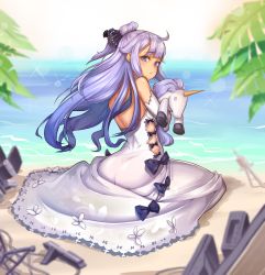Rule 34 | 1girl, ahoge, ass, azur lane, backless outfit, bad id, bad pixiv id, bare shoulders, beach, bow, bridal gauntlets, dress, full body, gloves, hair bow, highres, j3men, light purple hair, long hair, looking at viewer, looking back, ocean, purple eyes, sitting, solo, sparkle, stuffed animal, stuffed toy, stuffed unicorn, stuffed winged unicorn, tareme, unicorn (azur lane), wariza, white dress, white gloves