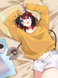 Rule 34 | 1girl, absurdres, alternate costume, arms up, black hair, blue eyes, blush, bra strap, breasts, coffee, coffee mug, commentary request, computer, cowboy shot, cup, demon girl, demon horns, demon tail, highres, horns, laptop, long sleeves, looking at viewer, lying, medium breasts, midriff, mug, multicolored hair, nanashi inc., navel, on back, on bed, open fly, open mouth, pillow, pointy ears, red hair, ryugasaki rene, shirt, short hair, short shorts, shorts, small breasts, smile, solo, sugar lyric, tail, two-tone hair, virtual youtuber, white shorts, yellow shirt, zono (inokura syuzo029)