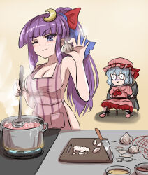 Rule 34 | 2girls, apron, ascot, bat wings, blue hair, blush, bound, bow, breasts, chair, cooking, cooking pot, crescent, cutting board, dress, garlic, hat, kitchen knife, large breasts, long hair, mob cap, multiple girls, naked apron, namiki (remiter00), patchouli knowledge, puffy sleeves, purple eyes, purple hair, remilia scarlet, ribbon, rope, scared, short hair, short sleeves, tied up (nonsexual), touhou, vampire, wide-eyed, wings