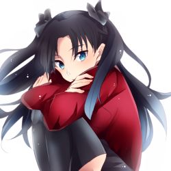 Rule 34 | 1girl, black bow, black hair, black skirt, black thighhighs, blue eyes, bow, crossed arms, fate/stay night, fate (series), floating hair, hair between eyes, hair bow, hugging own legs, long hair, long sleeves, looking at viewer, mady (madine08260), miniskirt, pleated skirt, red shirt, shirt, simple background, sitting, skirt, solo, thighhighs, tohsaka rin, twintails, very long hair, white background, zettai ryouiki