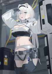 Rule 34 | 1girl, absurdres, animal ears, arknights, arm up, aurora (arknights), bear ears, black gloves, black hairband, black shirt, blue eyes, breasts, chaps, cleavage, cleavage cutout, clothing cutout, commentary, cowboy shot, crop top, cropped jacket, gloves, grey shorts, hairband, highres, infection monitor (arknights), jacket, large breasts, long hair, long sleeves, looking at viewer, midriff, navel, open mouth, shirt, short shorts, shorts, solo, standing, stomach, thighs, very long hair, white hair, white jacket, yuray